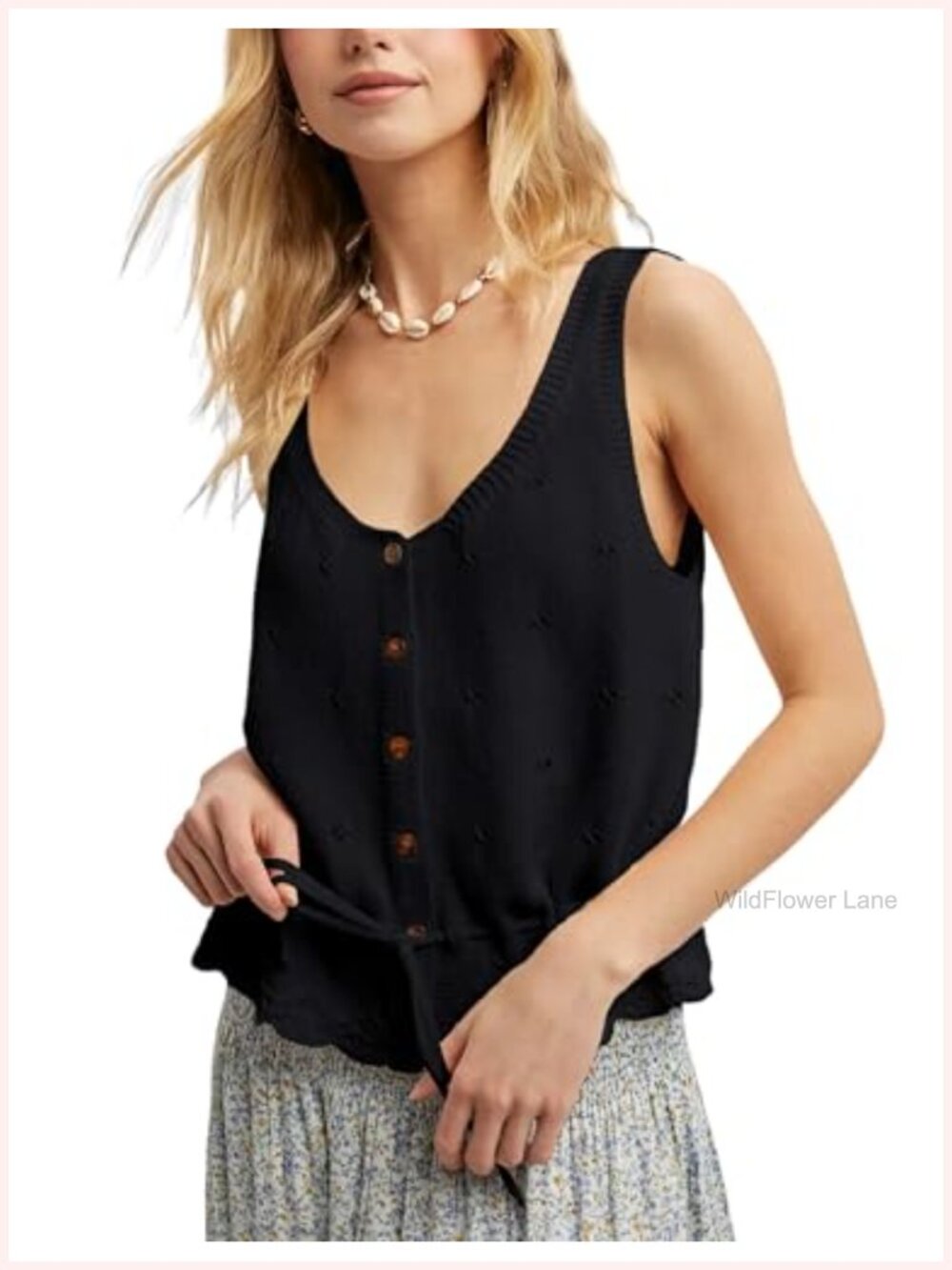 Women's Crochet Knit Sweater Vest Sleeveless V Neck Button Down Tie Waist Boho